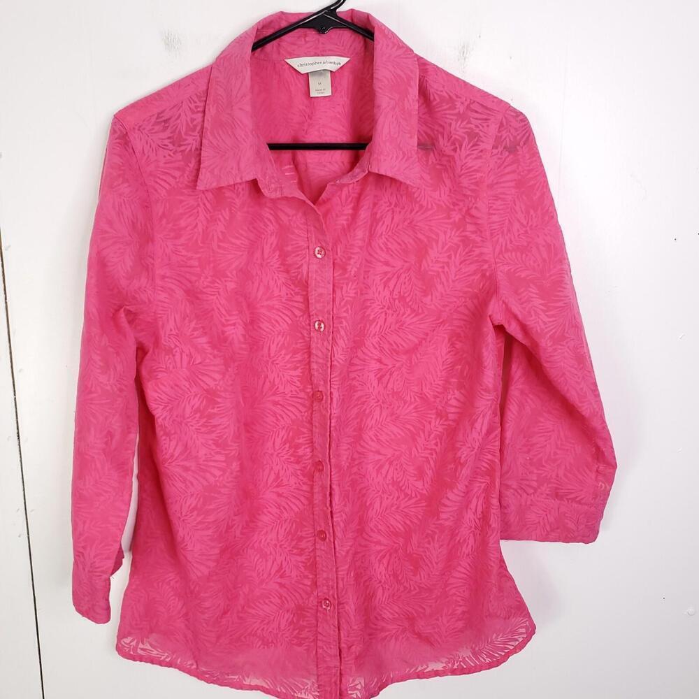Christopher Banks Shirt Womens M Button Down Semi Sheer Burnout Collar Pink